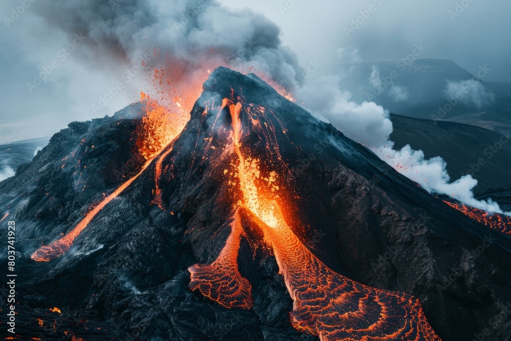 Behold the raw power of an erupting volcano, its fiery lava cascading down its slopes against a backdrop of billowing smoke and ash, Generative AI