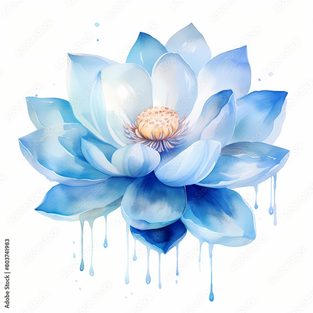 Blue lotus flower. Blue flowers. Abstract lotus clipart. Watercolor illustration. Generative AI. Detailed illustration.