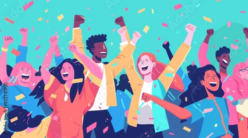 Flat art illustration of people celebrating victory, raising fists with excitement. Generative AI. cartoons. Illustrations
