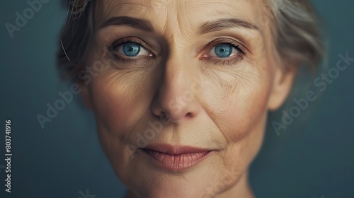 A close-up of an elegant middle-aged or elderly woman's face with wrinkles. Frontal view, facing the camera. isoalted on dark gray background.  photo