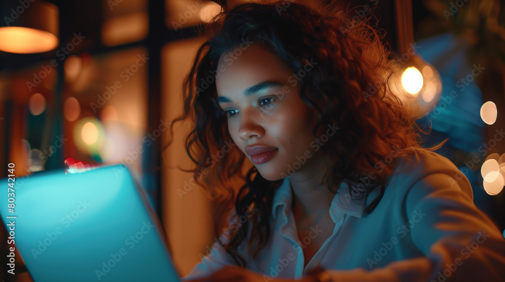 Fototapeta premium Businesswoman Typing on Laptop with Confidence: Symbolizing Productivity and Efficiency in Remote Work