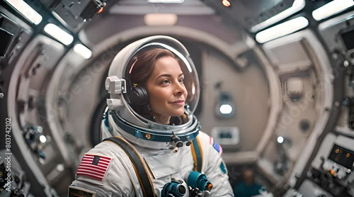 Astronautin im Weltall beeindruckt von der Schönheit des Universums photo