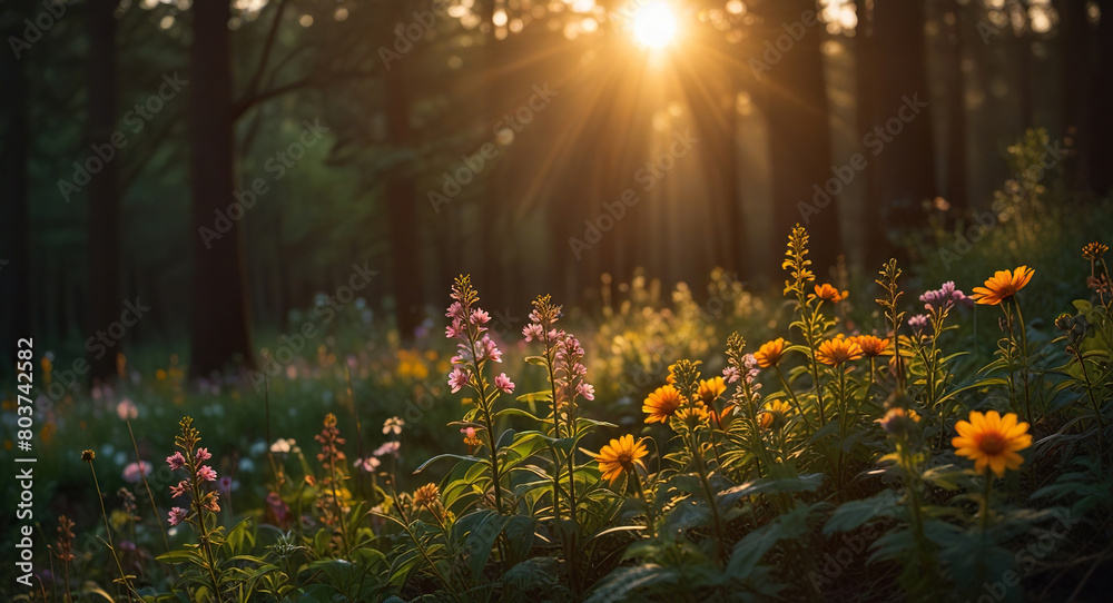 Obraz premium Flowers in a forest background, spring time sunset or sunrise in forest