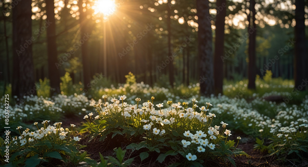 Flowers in a forest background, spring time sunset or sunrise in forest