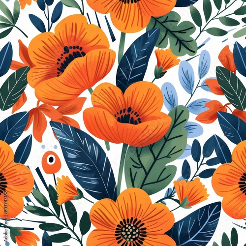 a close up of a floral pattern with orange flowers and green leaves