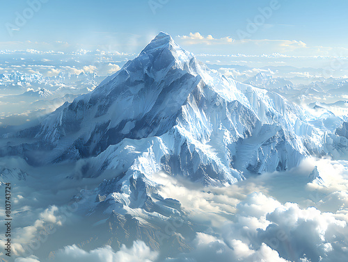 A snow-capped mountain peak towers over a sea of clouds. photo