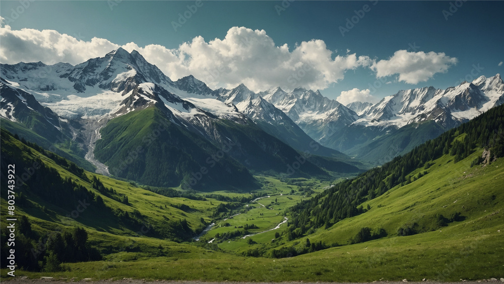 Fototapeta premium A majestic mountain range, with snow-capped peaks and lush green valleys, Generative AI