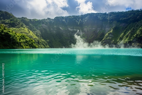 Experience the serene beauty of a volcanic lake, its turquoise waters contrasting against the dark, rocky shores and steam rising from its surface, Generative AI