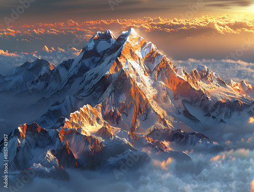 A snow-capped mountain peak towers over a sea of clouds. photo