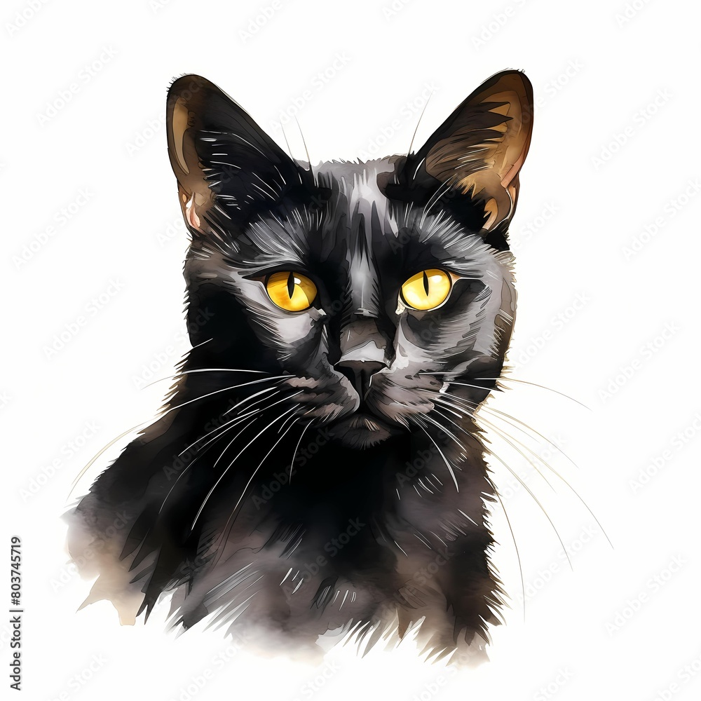 Bombay cat. Black cat. Cute kitten clipart. Watercolor illustration. Generative AI. Detailed illustration.