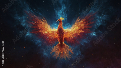 Flying phoenix bird in fantasy style. Phoenix in bright sunlight,a phoenix with fiery red feathers. Rainbows are surrounding the phoenix