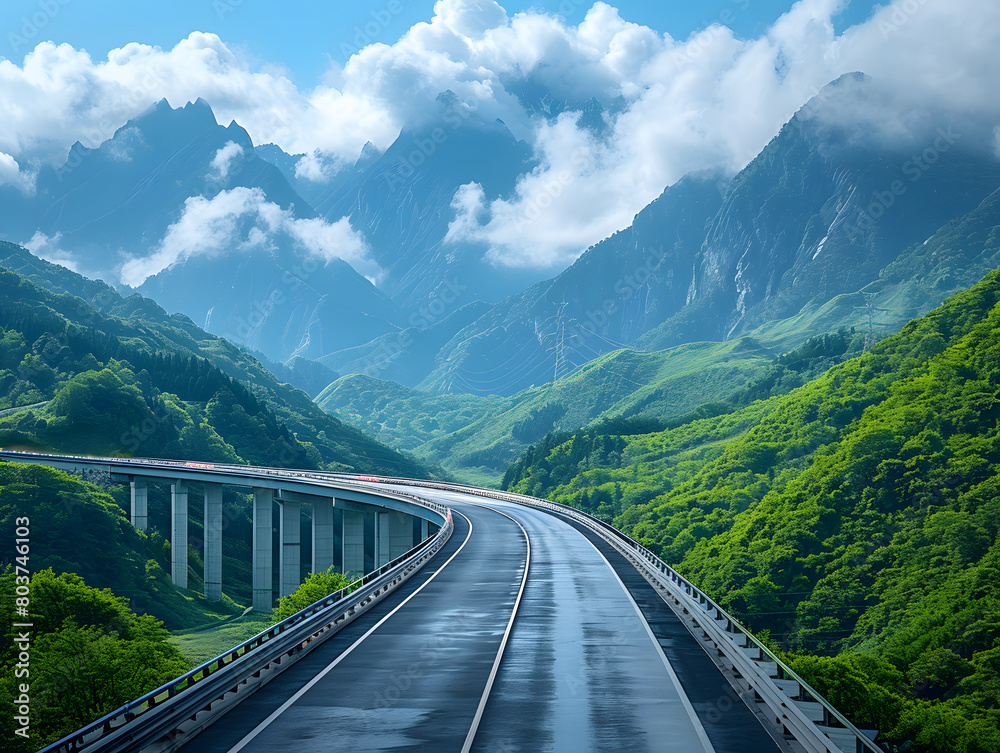 A long, empty highway winds through a valley between mountains. A long, empty highway winds through a valley between mountains.