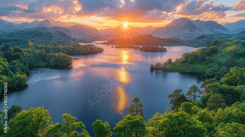  Beautiful sunset over the Lake District in elaborate landscape, panoramic view of f balconies with lake and greenery in background. Created with Ai photo