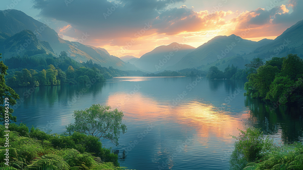 A breathtaking view of the Lake District at sunrise, with an expansive lake surrounded by lush greenery and rugged mountains in the background. Created with Ai