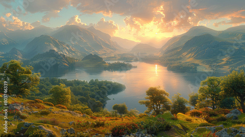 A breathtaking view of the Lake District at sunrise, with the sun rising over awardwinning photography of Uplandsscape's expansive lake and lush greenery. Created with Ai photo