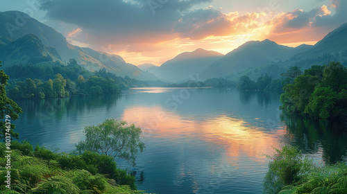 A breathtaking view of the Lake District at sunrise, with an expansive lake surrounded by lush greenery and rugged mountains in the background. Created with Ai