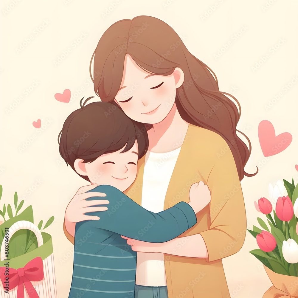 Happy Mother's Day greeting card with mother and son. Vector illustration generated by ai Happy Mother's Day greeting card with mother and son. Vector illustration generated by ai
