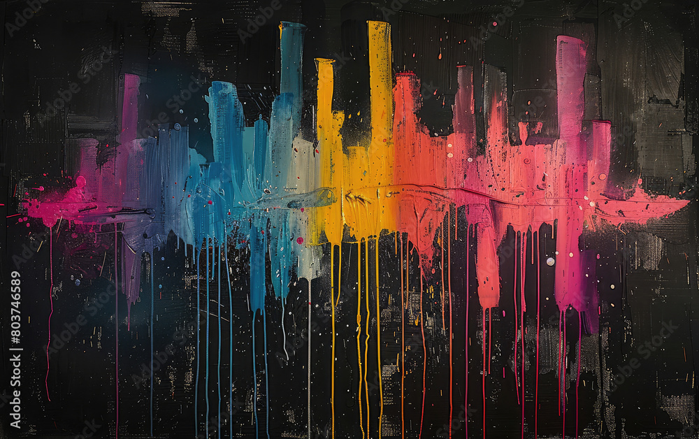 A splash of neon pink, electric blue and vibrant yellow paint splattered on black background. Created with Ai
