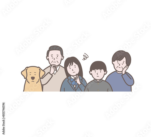 困った表情の両親と学生と犬の5人家族の上半身イラスト