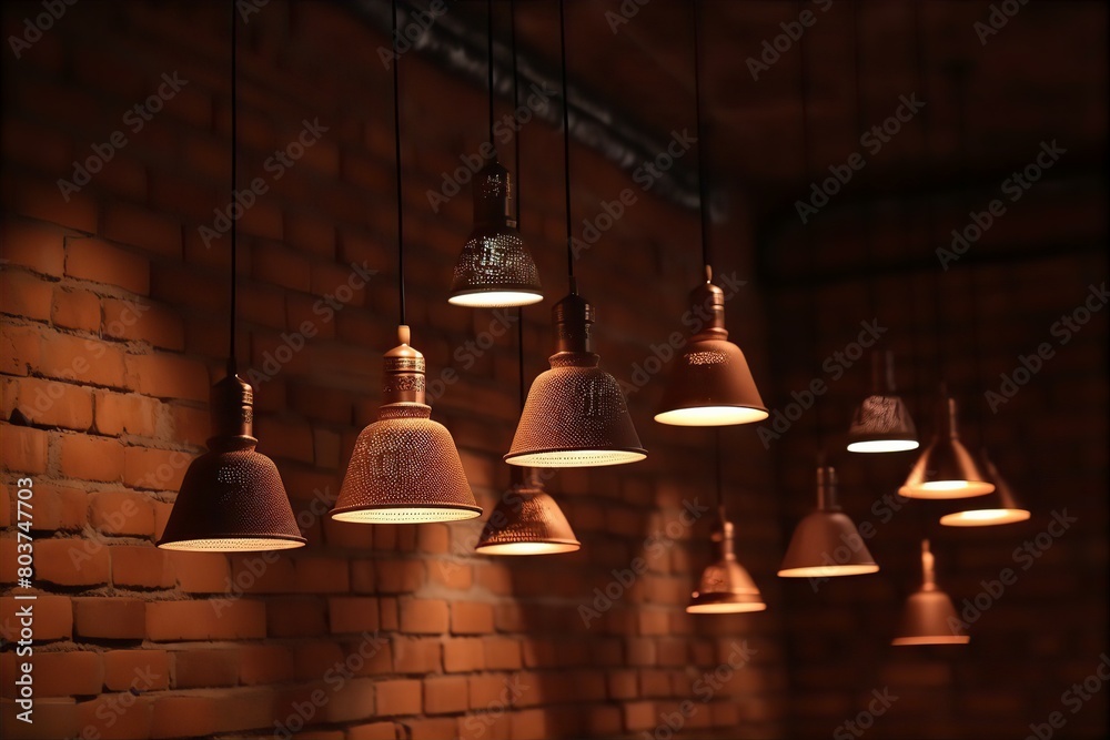 Obraz premium pendant lamp, red brick wall, interior design, industrial style, restaurant lighting, vintage pendant lamp