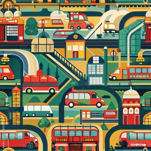 Seamless pattern of busy subway stations and underground tunnels, Generative AI