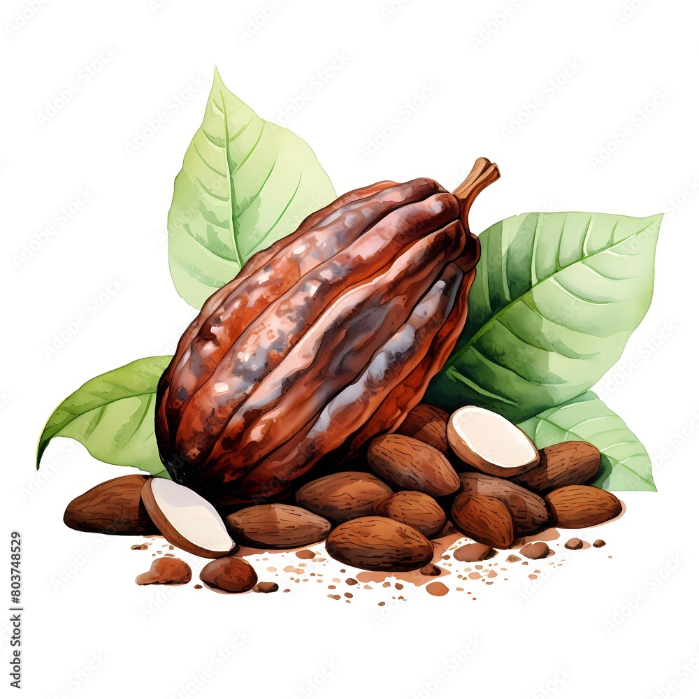 Obraz premium Cocoa. Botanical cocoa. Cocoa bean clipart. Watercolor illustration. Generative AI. Detailed illustration.