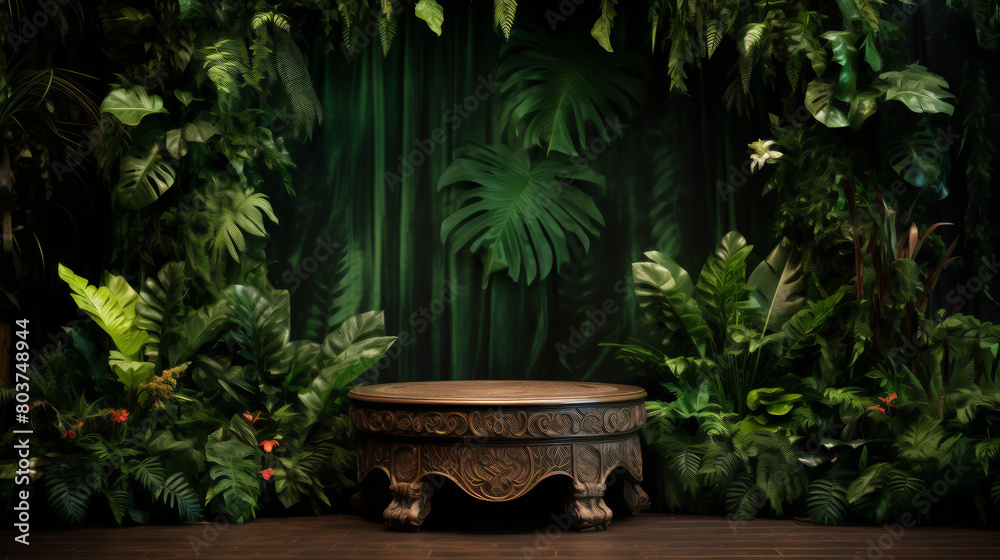 A jungle scene with a large table in the middle A jungle scene with a large table in the middle