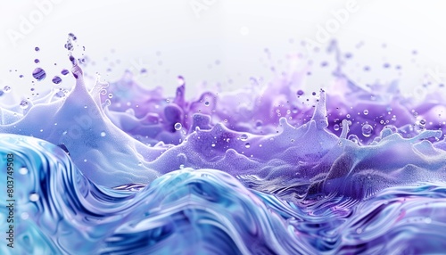 3d render of abstract background with blue and purple liquid, bubbles on white background.
