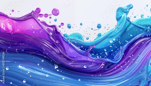 3d render of abstract background with blue and purple liquid, bubbles on white background.