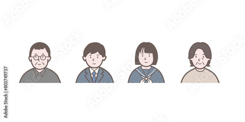 両親と学生の4人家族の上半身イラスト＿アイコン