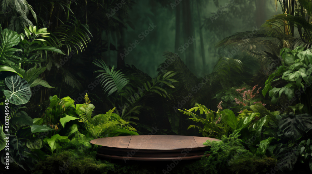 A wooden round table is surrounded by lush green plants and trees A wooden round table is surrounded by lush green plants and trees