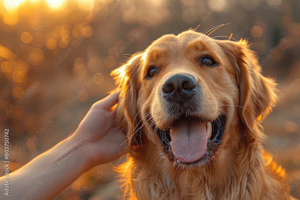 Golden retriever dog with tongue out, being pet in the style of human hand. Created with Ai