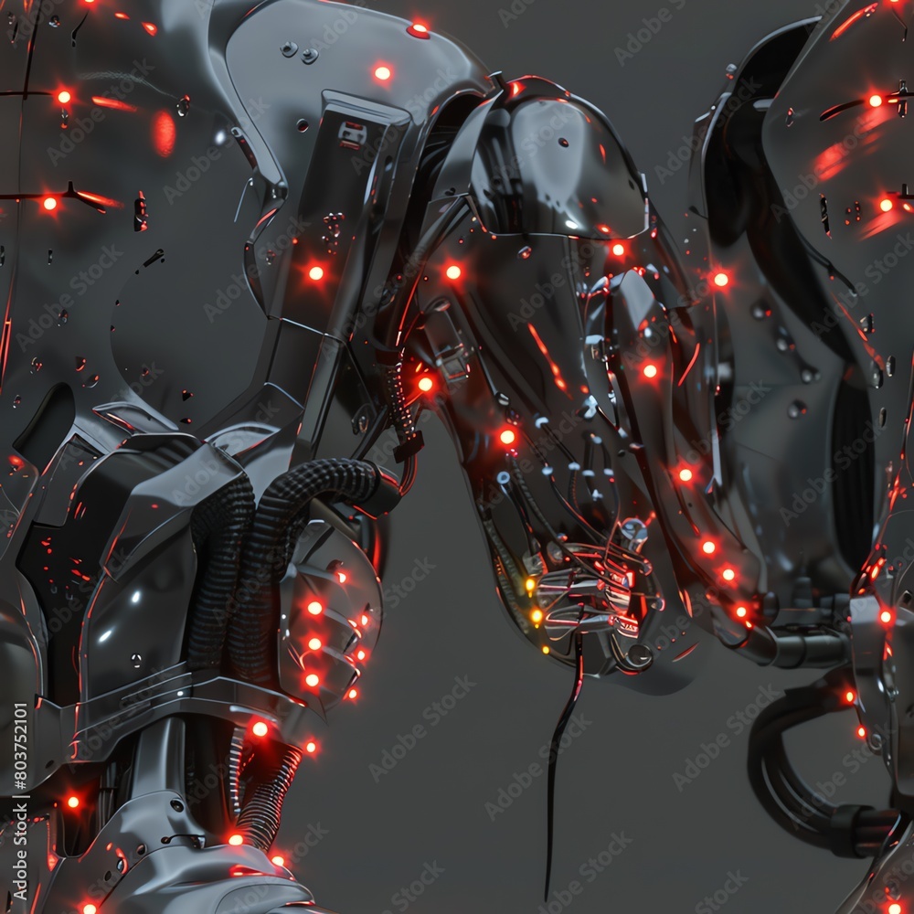 Fototapeta premium Immerse viewers in dystopian dread with a sleek, chrome exoskeleton, ominous red LED lights casting an eerie glow Include intricate wirings for added realism