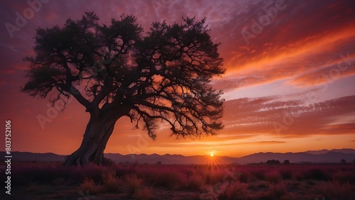 Beautiful sunset over a lonely tree in the meadow field. Nature composition.