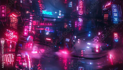 Visualize a CG 3D high-angle perspective of a cyberpunk alleyway where futuristic advancements meet nostalgic romance Utilize unexpected camera angles to showcase a clandestine enc © panyawatt