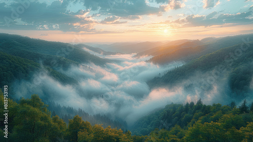  Mist-covered Carpathian Mountains, green forests, and yellow grasslands in the foreground. Created with Ai