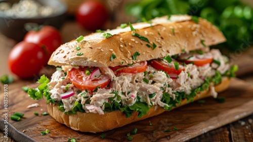Tuna Salad Sub on a Wooden Serving Board with Crisp Lettuce & Ripe Tomatoes with Warm Diffused Lighting