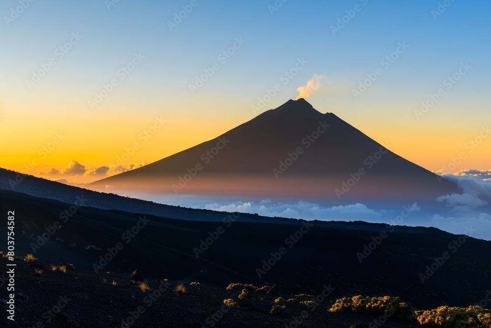 Marvel at the dramatic silhouette of a volcano at sunset, its cone towering into the sky as the last rays of sunlight illuminate the surround, Generative AI