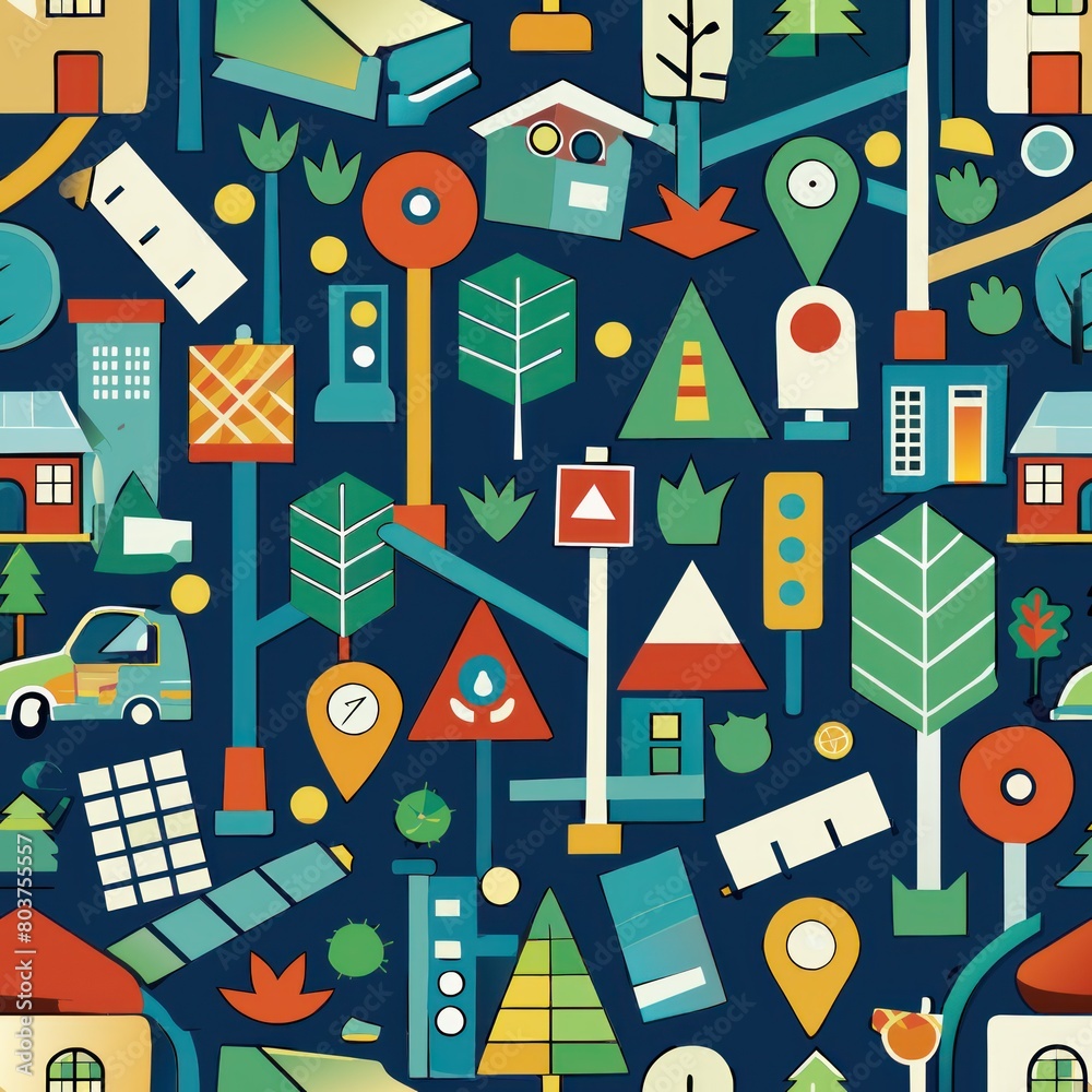 Seamless pattern of street signs and traffic lights, Generative AI Seamless pattern of street signs and traffic lights, Generative AI