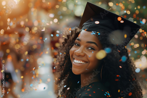 Happy young smiling black african american female college graduate graduating university at graduation ceremony party with confetti photo