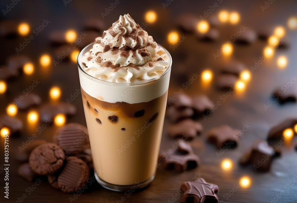 A cold coffee and a chocolate cookie with fresh cream on a wooden table with a bokeh background A cold coffee and a chocolate cookie with fresh cream on a wooden table with a bokeh background