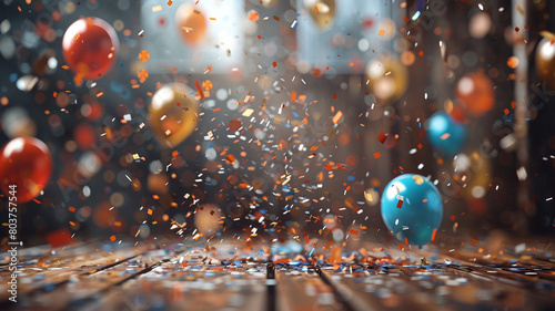 Celebration background with festive balloons and confetti decorations and joyful atmosphere Festive backdrop adorned with cheerful decorations and a joyful ambiance. Celebration, Party, Festive, photo