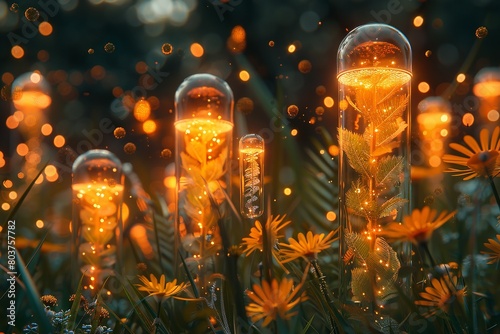 there are many glass vases with flowers inside of them, glowing flowers, glowing plants, luminous flowers