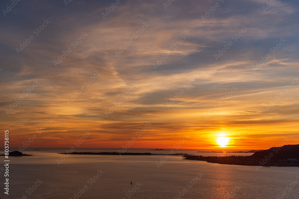 top view of a sunset over Alesund during a sunny spring evening, Norway