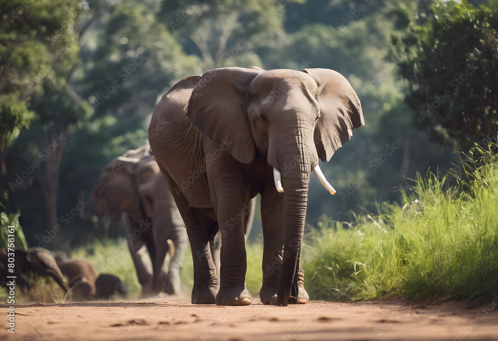Fototapeta premium A majestic elephant leads a herd along a dusty path in a lush green forest, showcasing the beauty of wildlife in their natural habitat. World Elephant Day.