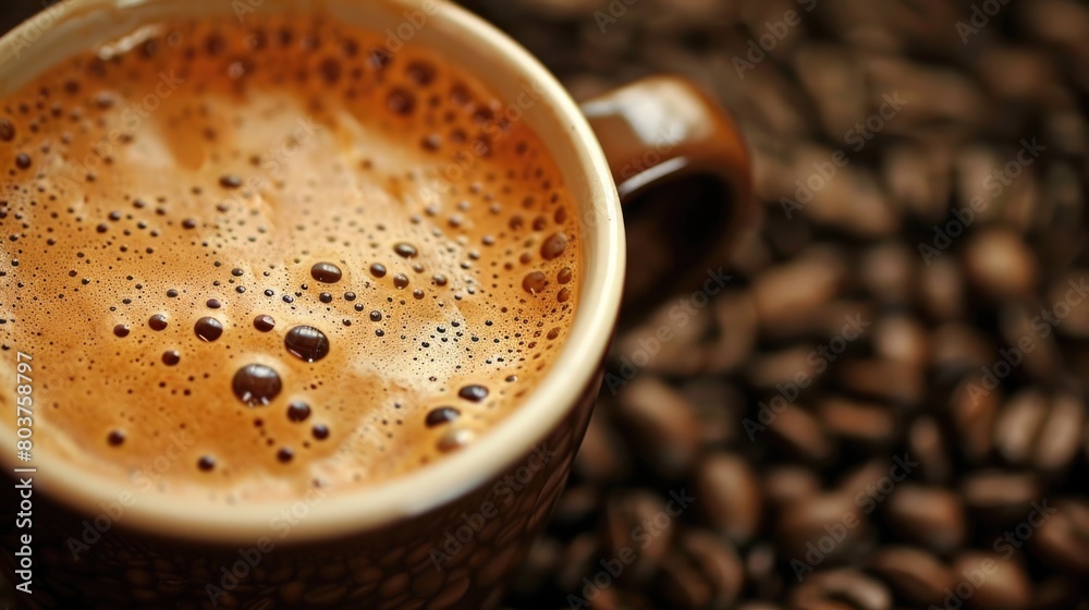 Fototapeta premium Cup of coffee with coffee beans on background
