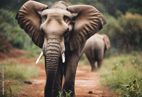 An elephant with large ears and tusks walking on a dirt path in a lush green forest  another elephant visible in the background. World Elephant Day.