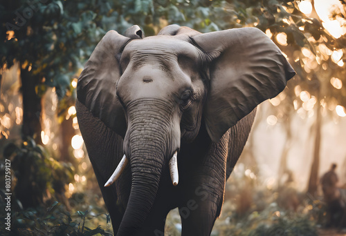 A majestic elephant with tusks flared in a misty forest  bathed in warm sunlight filtering through trees. World Elephant Day.