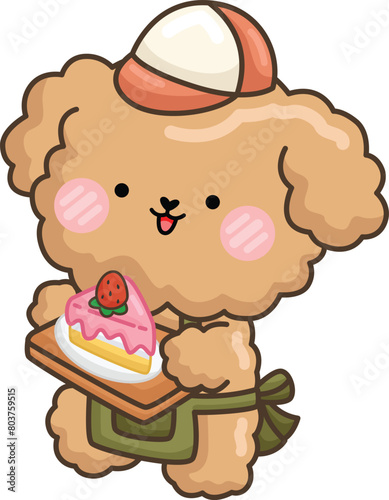 a vector of a cute dog and a slice of strawberry cake