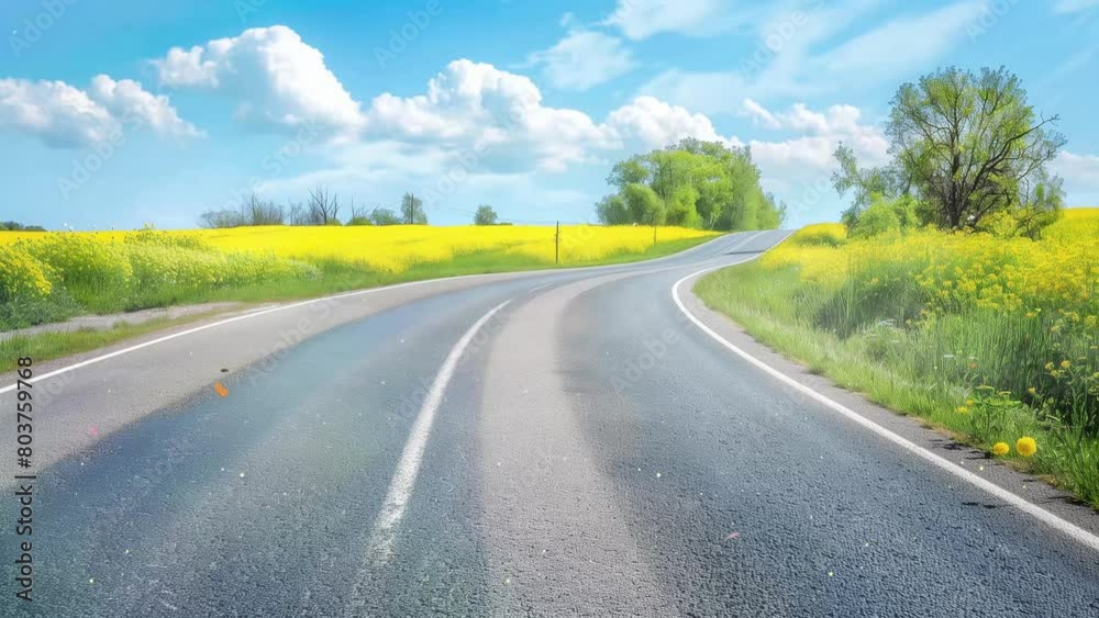 empty asphalt road and floral field of yellow flower. highway with beautiful scenery. seamless looping overlay 4k virtual video animation background empty asphalt road and floral field of yellow flower. highway with beautiful scenery. seamless looping overlay 4k virtual video animation background
